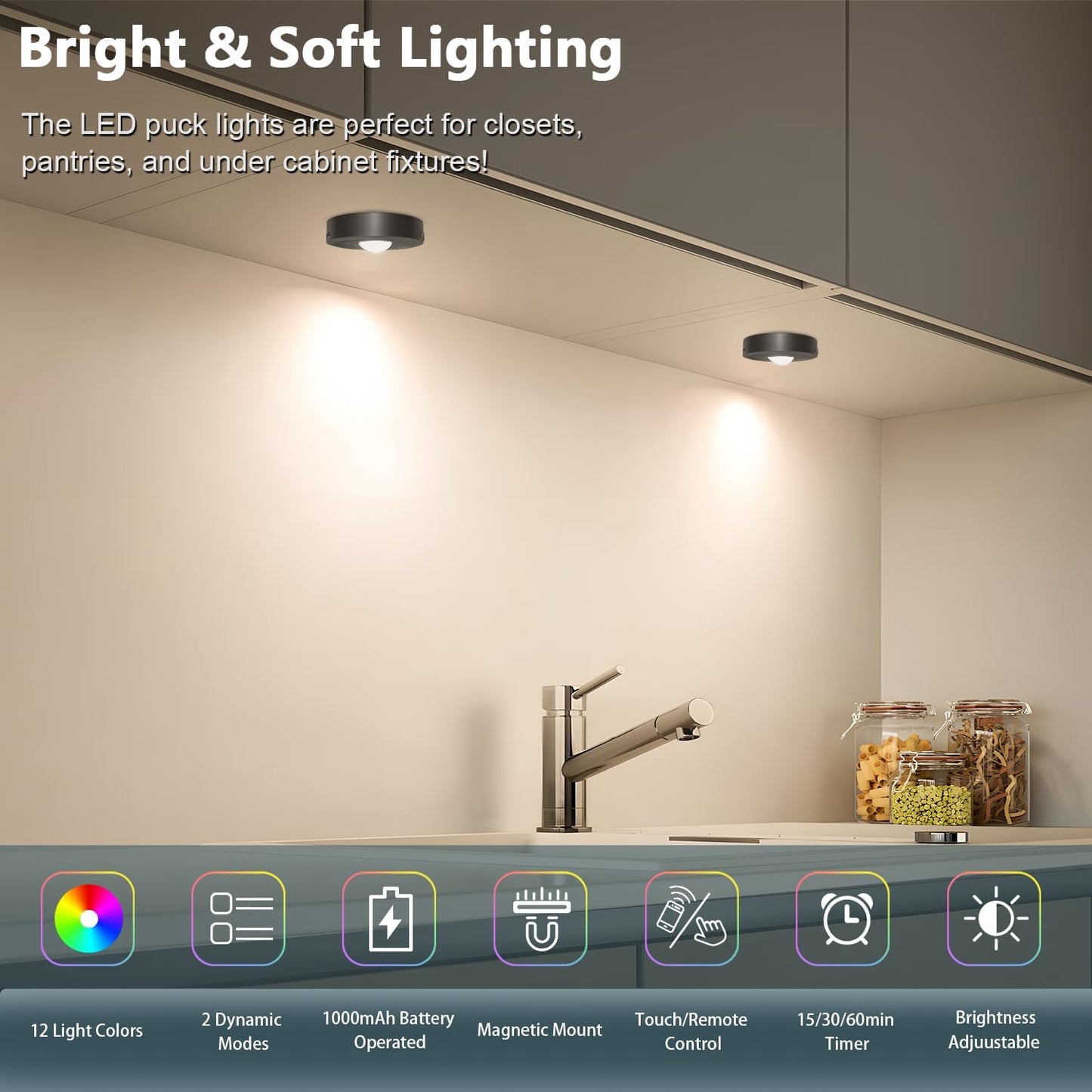 3 Pack Rechargeable Puck Lights with Remote, Dimmable, 3 Color Temps | 9 RGB Colors & 2 Dynamic Modes, 1000mAh Battery
