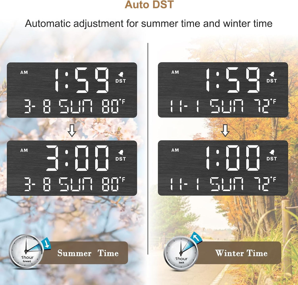 DreamSky Wooden Digital Alarm Clocks for Bedrooms with Date & Day of Week | Living Room Desk Clock, Temperature, USB