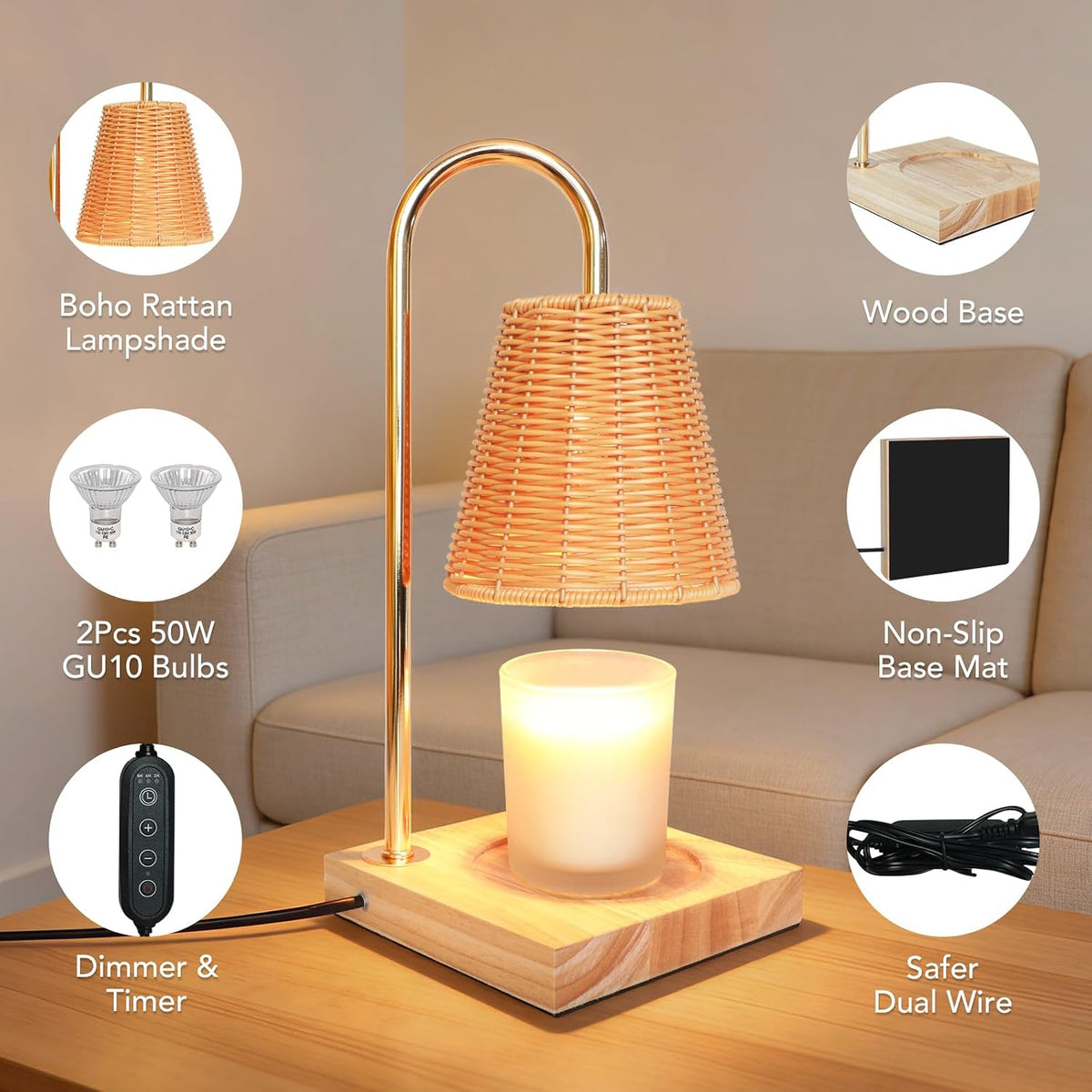 Candle Warmer Lamp with Timer Dimmable Boho Rattan Lampshade Natural Weaving Wax Warmer for Jar Candles Mothers Day