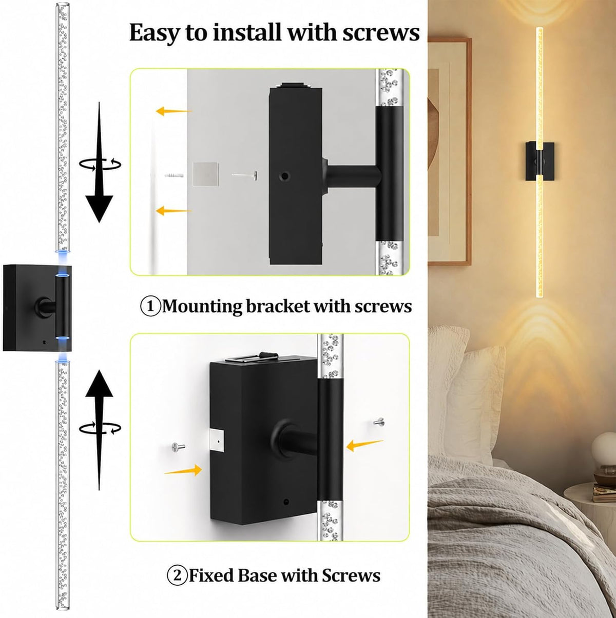 Battery Operated Wall Sconces Set of 2, 10000mAh, Black Bubble | wireless crystal wall lights rechargeable with Remote