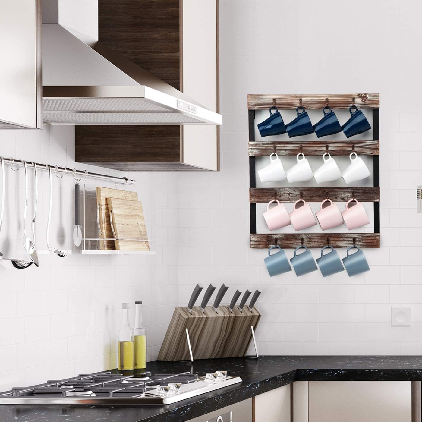 J JACKCUBE DESIGN Coffee Mug Holder Wall Mounted Rustic Wood Cup Organizer with 16-Hooks Hanging Rack for Home, Kitchen