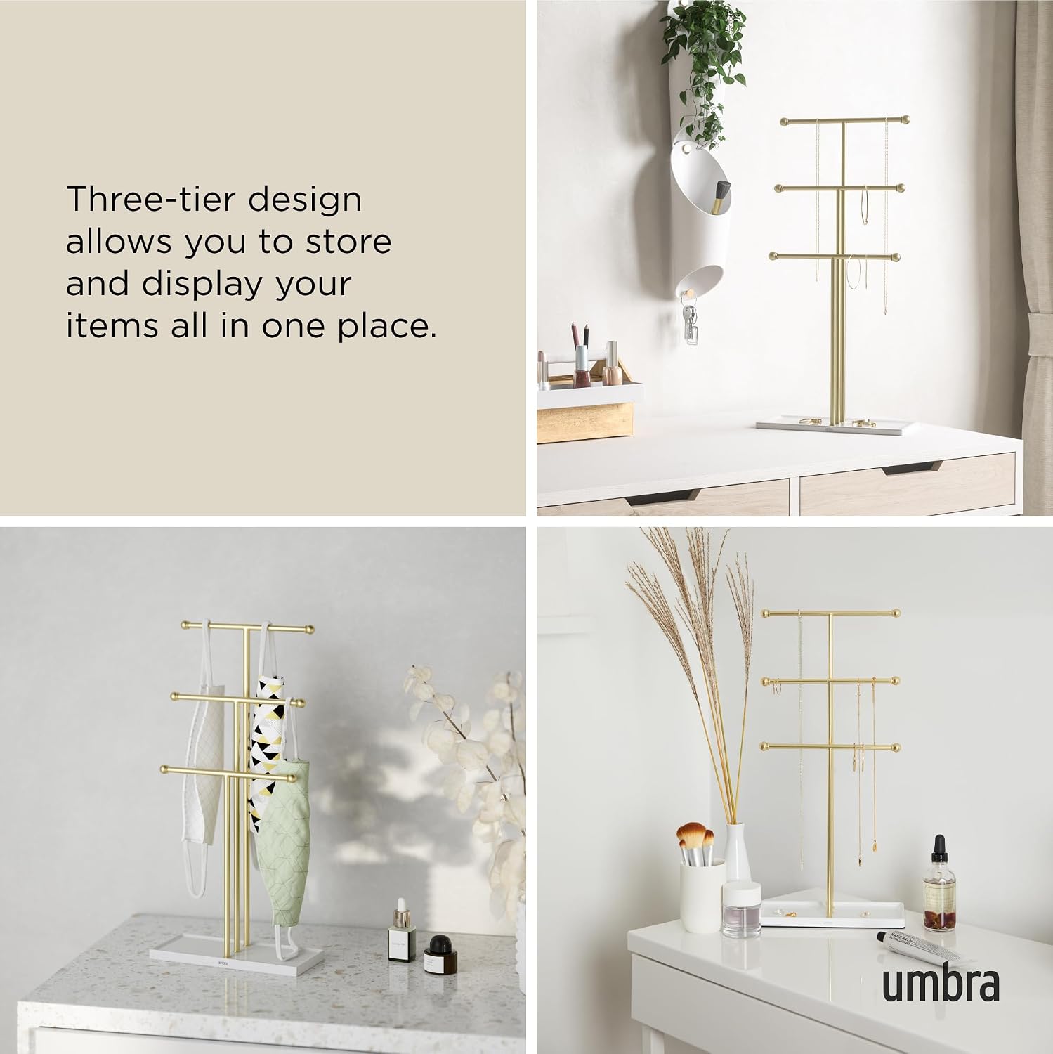 Trigem Hanging Jewelry Organizer Tiered Tabletop Free Standing Necklace Holder Display / White/gold
