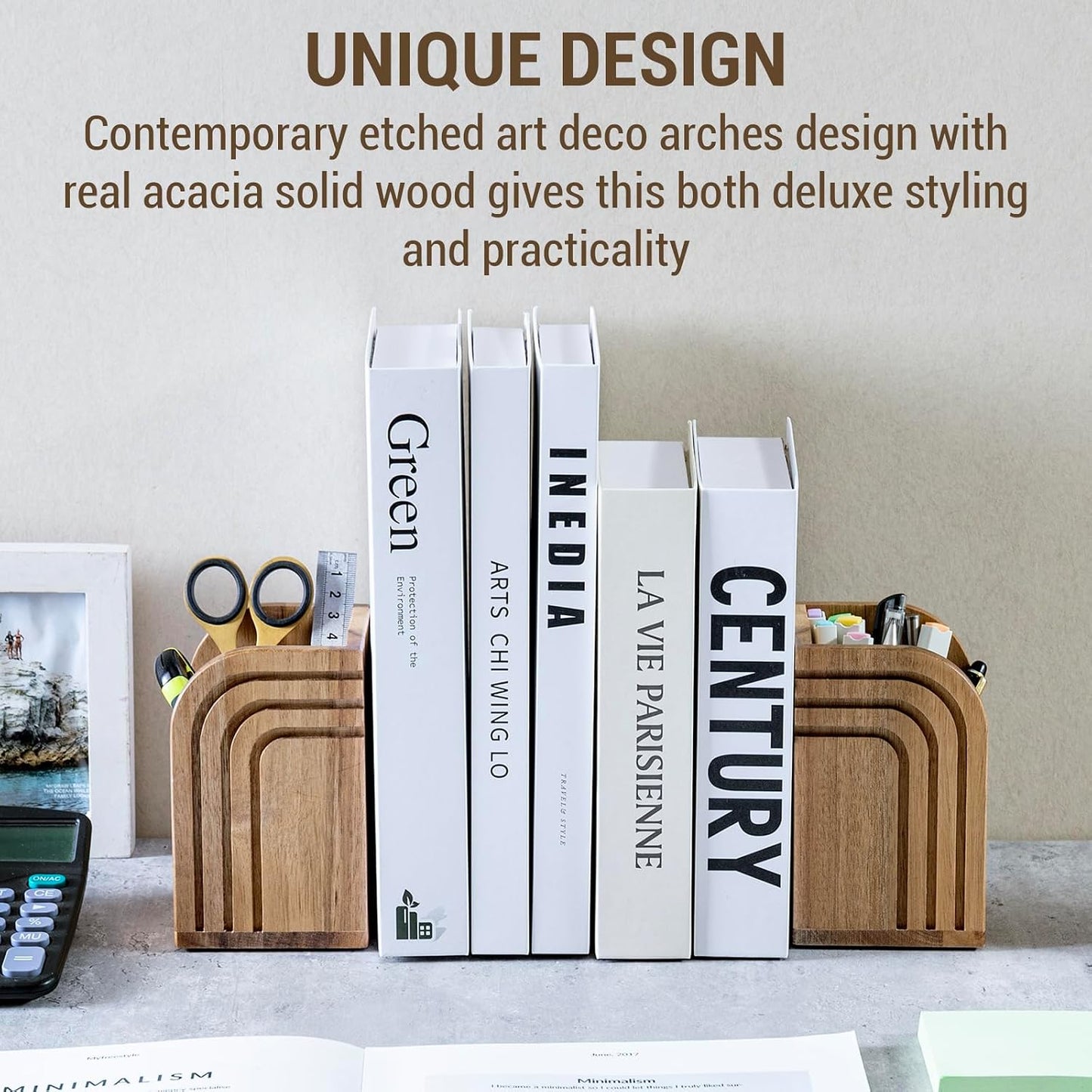 Acacia Solid Wood Bookends and Pencil Holders