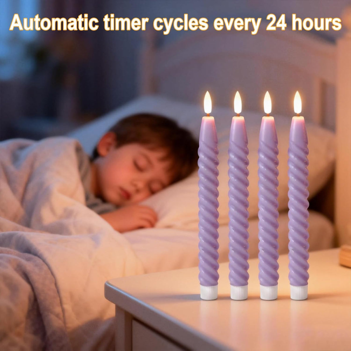 Purple Flameless Taper Candles Flickering with Remote Timer | LED Spiral Taper Candles, Flameless Candlesticks, Battery