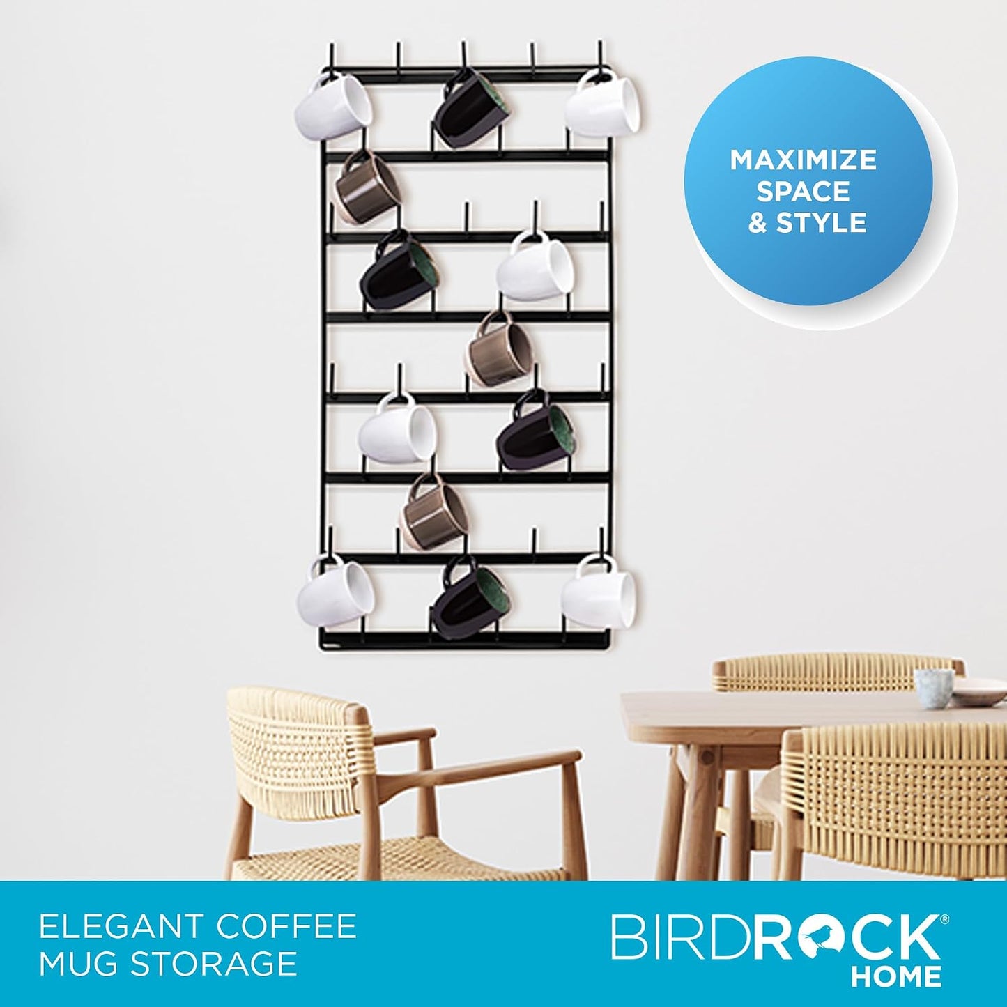 BIRDROCK HOME 36 Peg Coffee Mug Organizer Wall - 8 Tier Wall Mounted Coffee Mug Holder - Tea Cup Display Shelf Wall