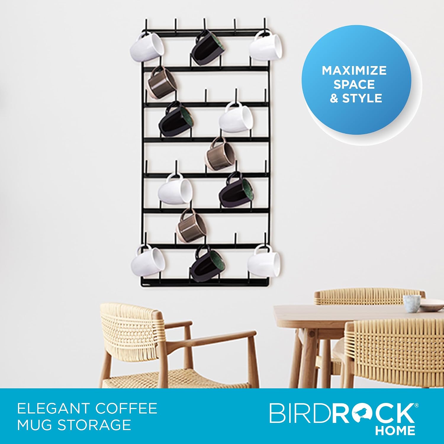 BIRDROCK HOME 36 Peg Coffee Mug Organizer Wall - 8 Tier Wall Mounted Coffee Mug Holder - Tea Cup Display Shelf Wall