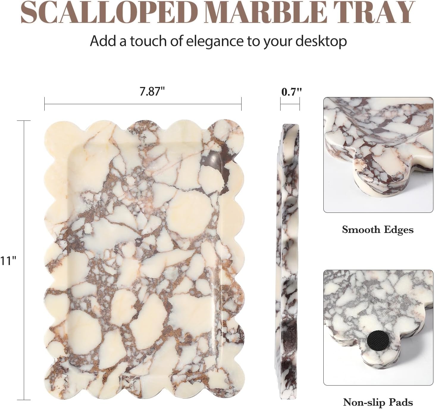 Scalloped Marble Vanity Tray for Countertop Bathroom Kitchen / Calacatta / 11 x 7.9 x 0.7