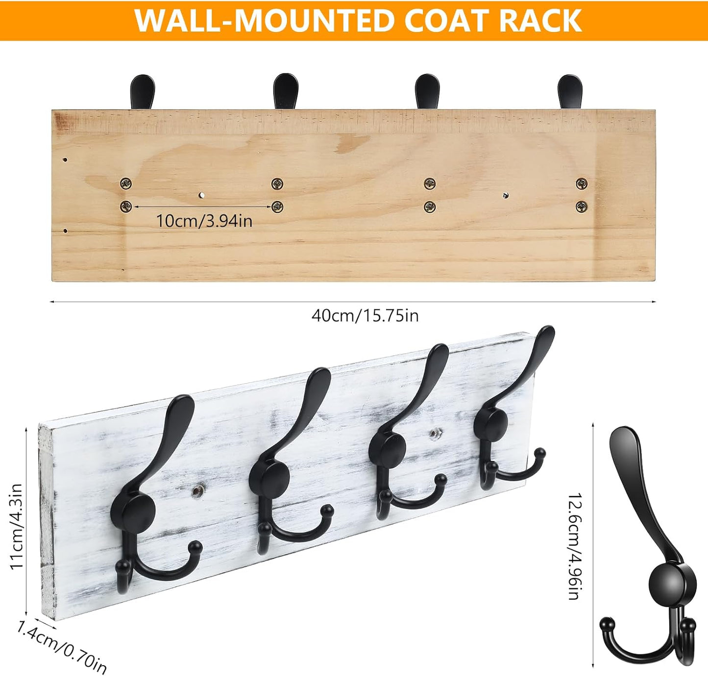 31.5" Large Coat Rack Wall Mount Coat Hooks with 8 Black Metal Triple Hooks, 1.4cm Thick Solid Pine Wood Wall Hooks for