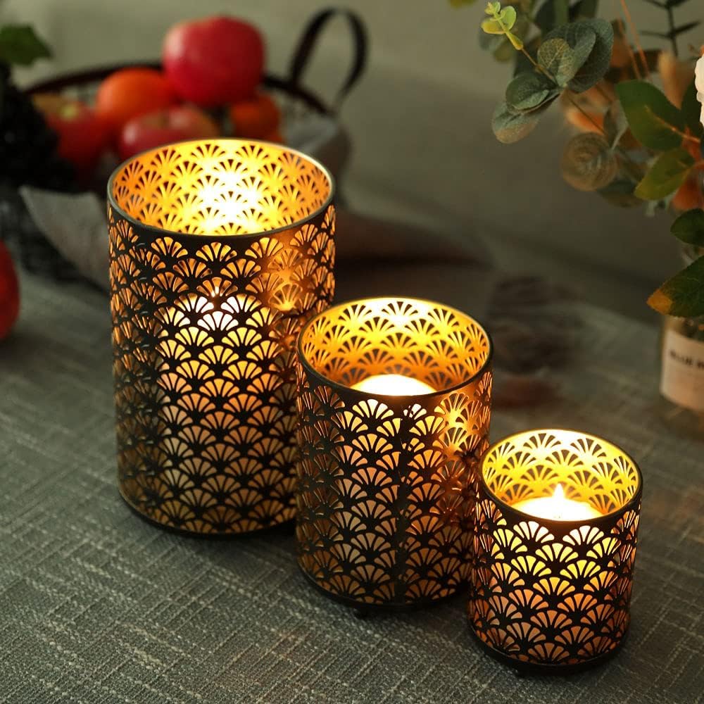 JHY DESIGN Set of 3 Metal Candle Holders Bronze Hurricane Pillar Candleholder Vintage Table Candlestick Holders Great