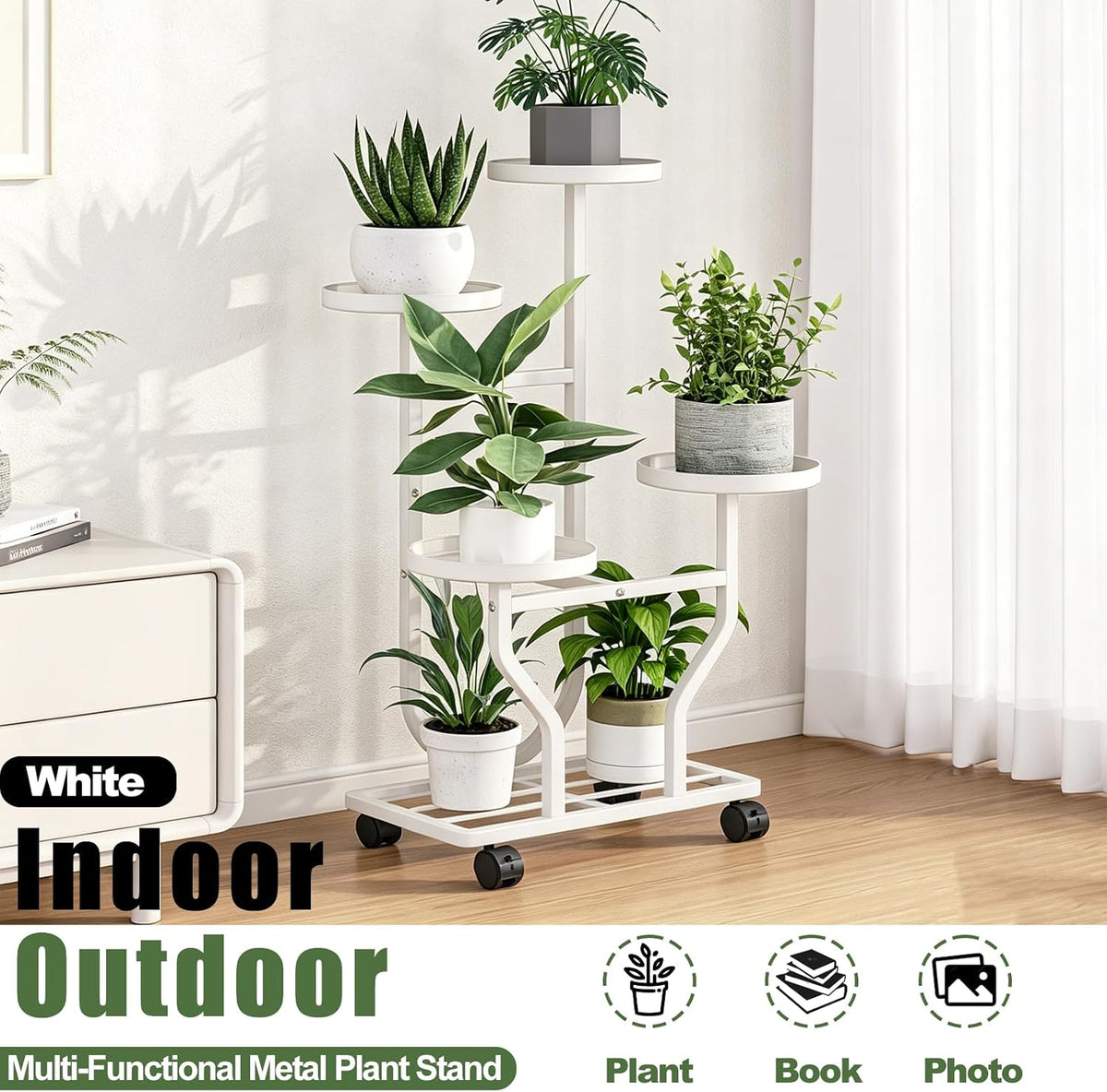 Plant Stand with Wheels, White 4 Tier Metal Plant Shelf for Indoor Outdoor | Corner Plants Stand Indoor for Bedroom