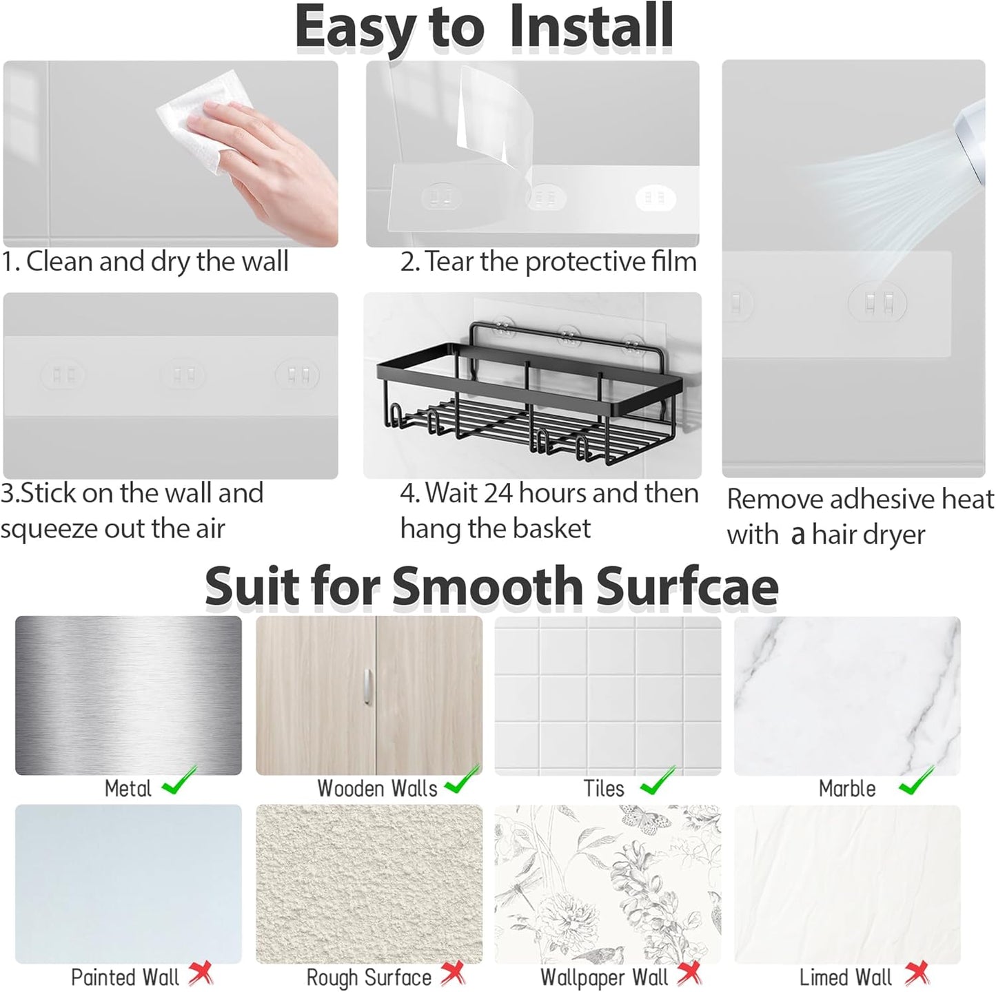 Self Adhesive Bathroom Wall Storage Basket Rustproof / Dark Grey / Set of 5