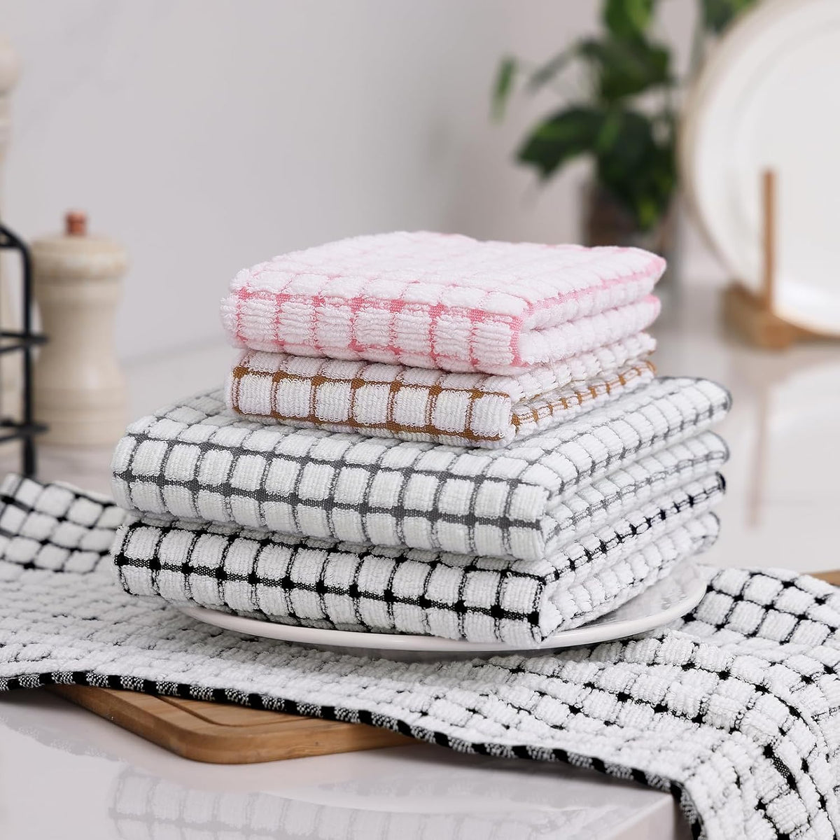 Homaxy Kitchen Towels and Dishcloths Set, Set of 16, Black/Grey/Pink/Brown | Cotton Terry Kitchen Dish Towels, Super