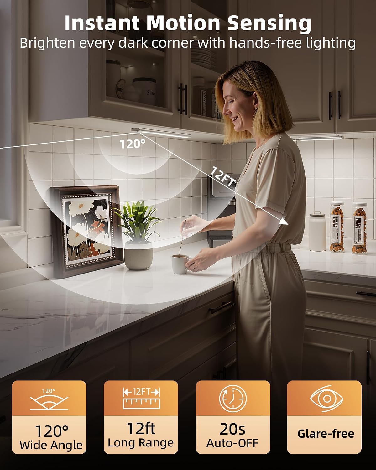 EZVALO 12inch Under Cabinet Lighting, 2 Pack 3100mAh Rechargeable Motion Sensor Light Indoor with 3 Color Temperatures