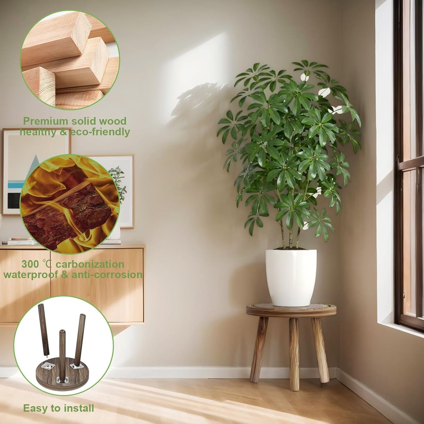 Wood Plant Stands Indoor / Heavy Burnt Color / 12 Inch / Set of 3
