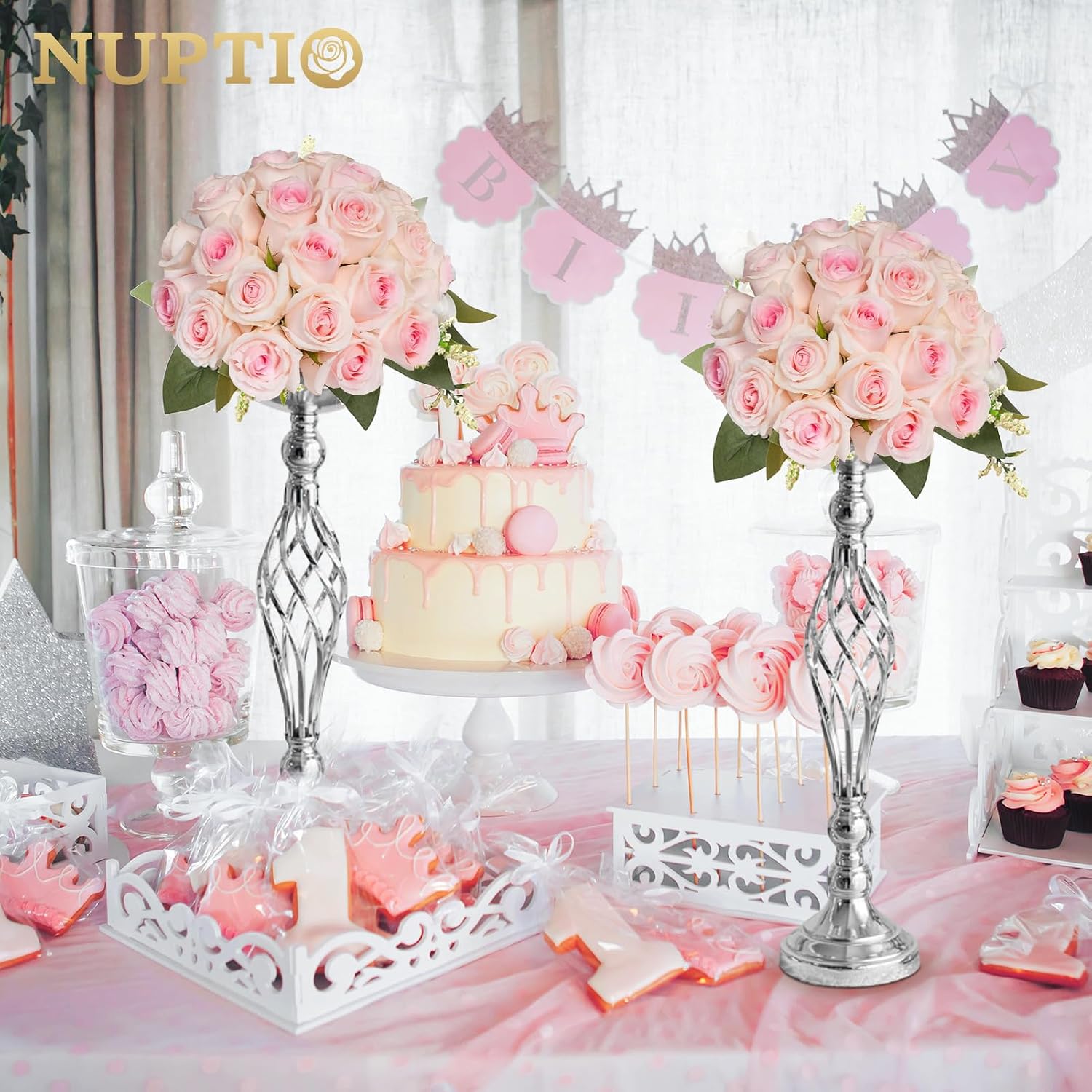 NUPTIO Silver Centerpiece Stand for Table, Twist Style , 20.5" Tall, 2 Pcs