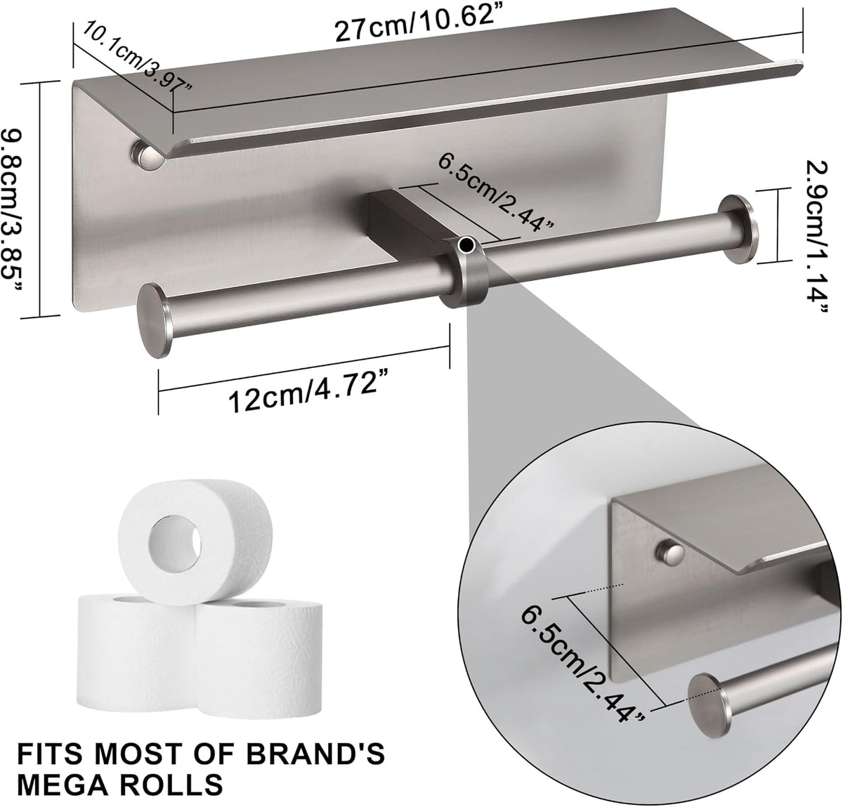Brushed Nickel Toilet Paper Roll Holder with Shelf Wall Mounted for Bathroom (Brushed Nickel, Double Head)