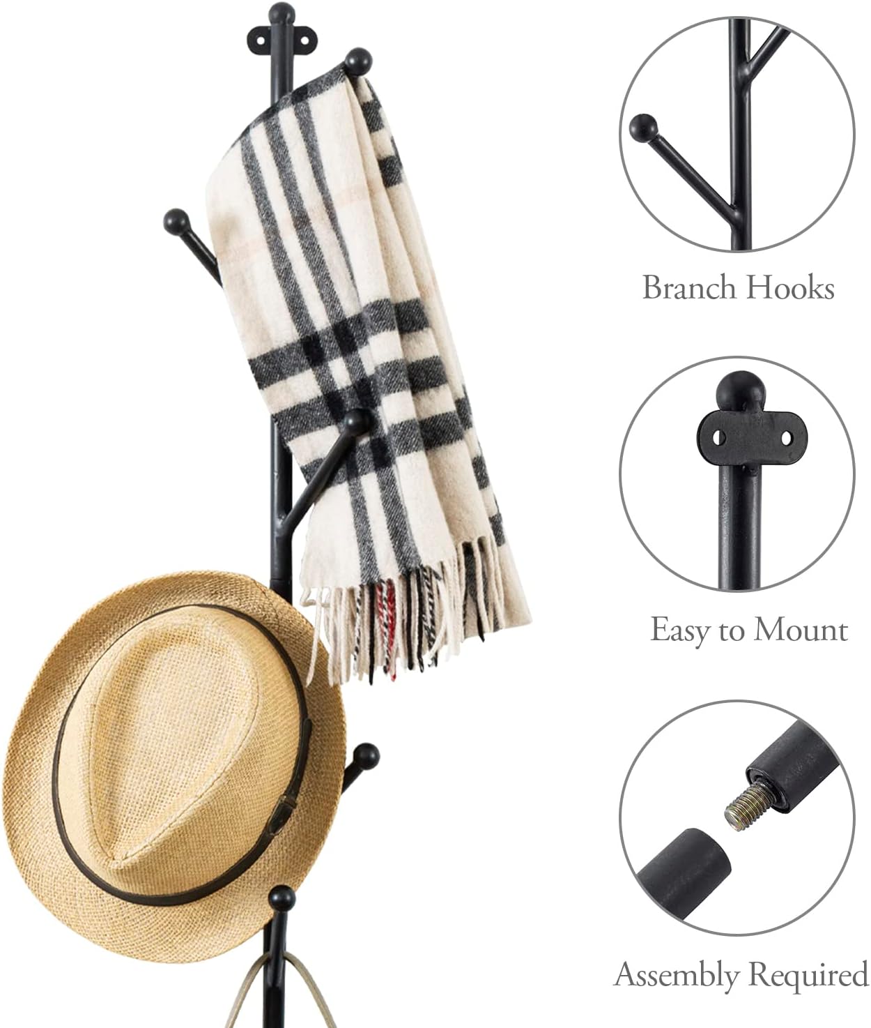 MyGift Wall Mounted Matte Black Metal 6-Hook Entryway Coat Hanger and Hat Tree Rack