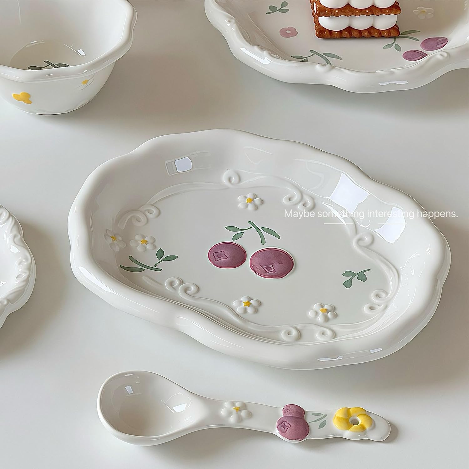 Quad Plate Jewelry Tray Ceramic Ring Holder / #c Cherries - Quad Plate Jewelry Tray / 10.8 x 6.3