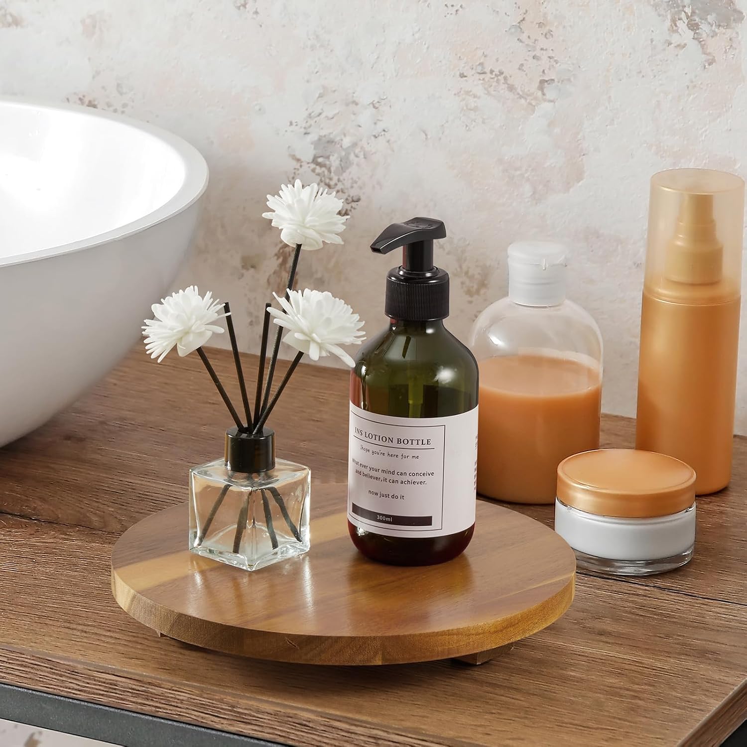 Small Round Decorative Tray Wood Bathroom Counter Organizer Pedestal Stand / Acacia / Set of 9