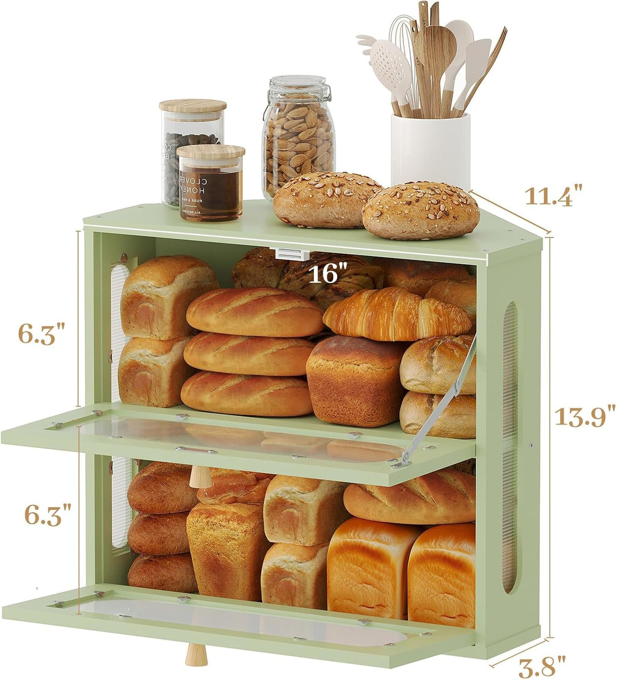 Corner Bread Box for Kitchen Countertop, 2026 New Double Layer Bamboo Bread Storage Bin, Large Bread Container for