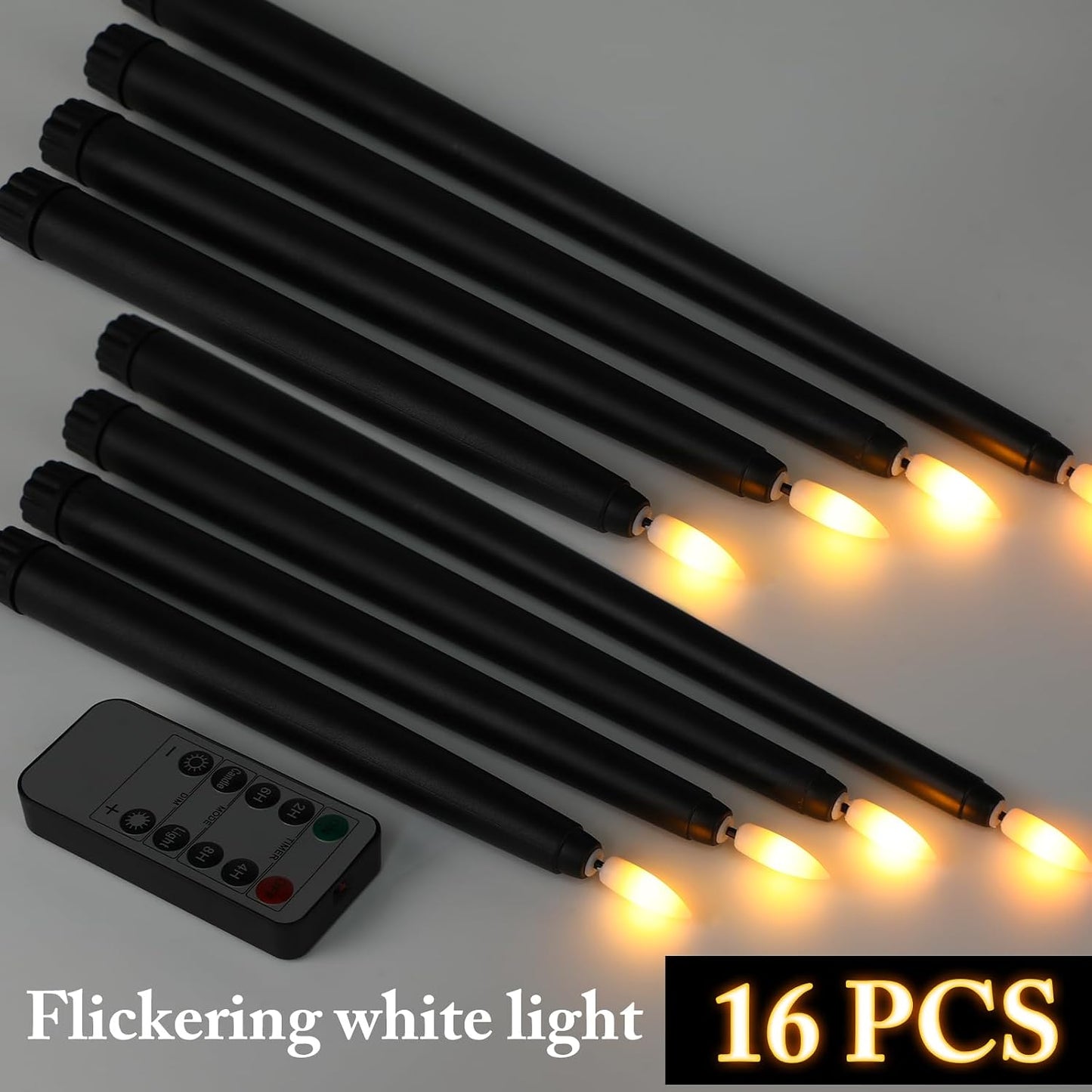 Rossesay 16 Pcs Black Flameless Taper Candle with Remote Timer | Halloween Battery Operated Candle, 8.5" 9.6" 10.8"