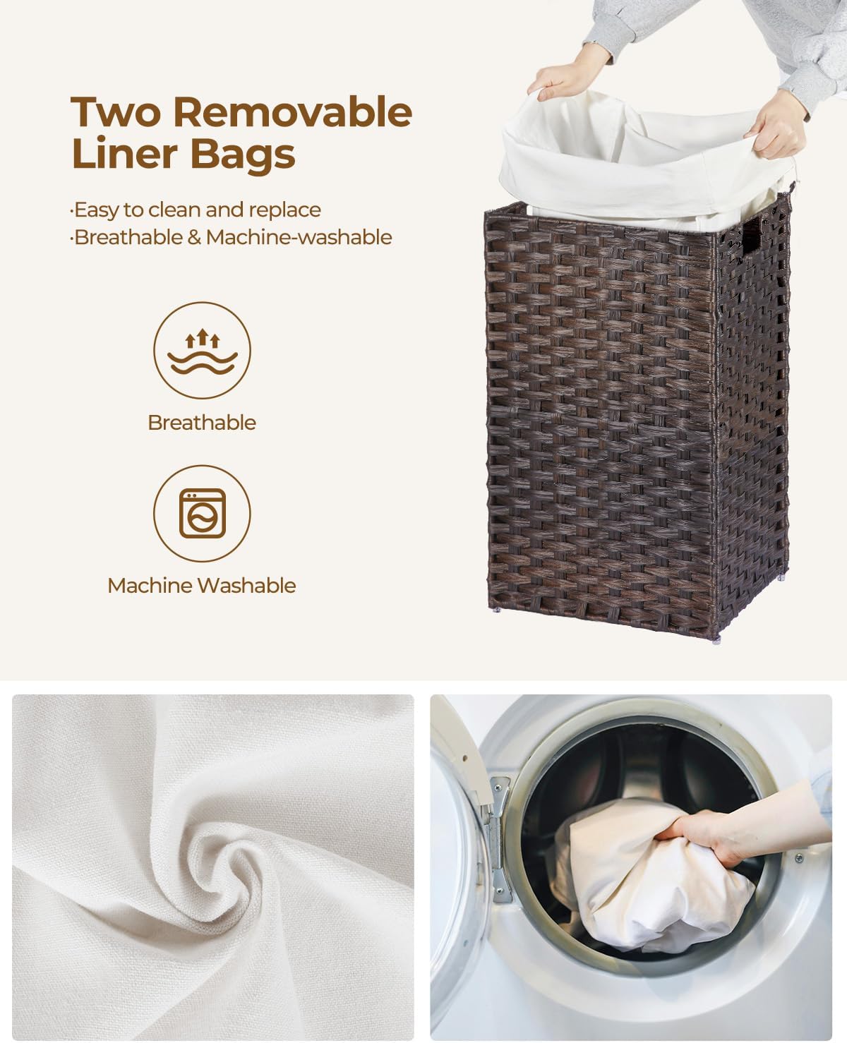 2 Removable Liner Bags & 2 Mesh Laundry Bags / Brown / 13.4 x 13.4 x 21.7 / 60L