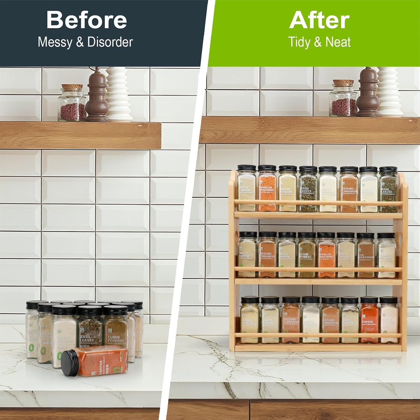 3-Tier Bamboo Spice Rack, Wall Mount & Countertop Spice Organizer | Seasoning Jars Rack Shelf Spice Organizer for