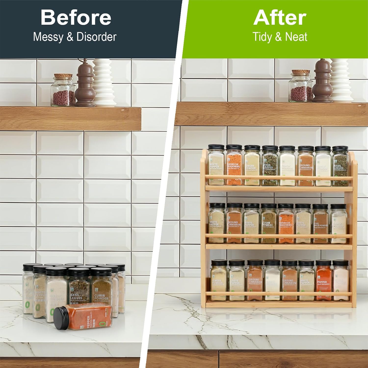 3-Tier Bamboo Spice Rack, Wall Mount & Countertop Spice Organizer | Seasoning Jars Rack Shelf Spice Organizer for