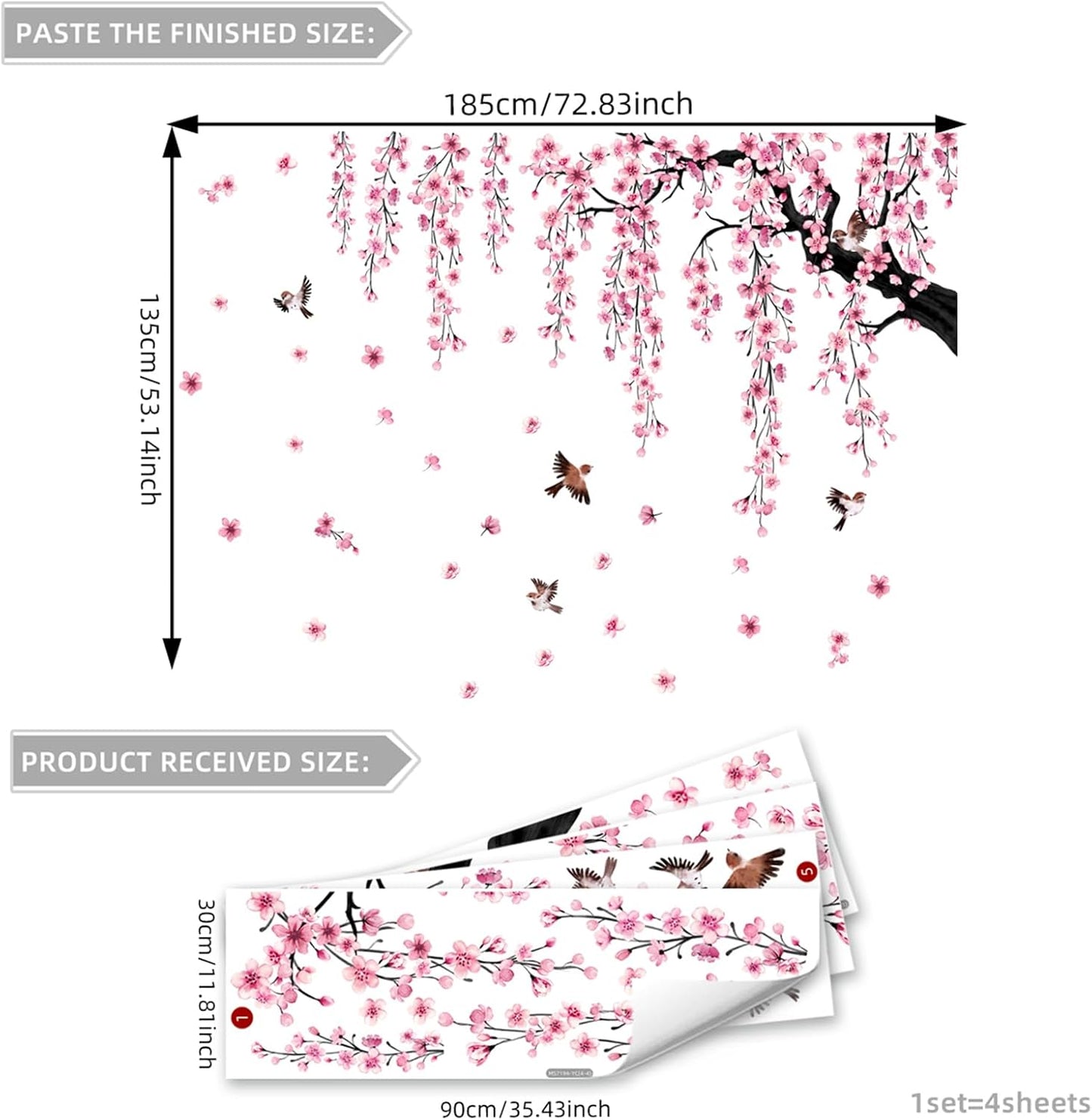 4 Sheets Spring Flower Bird Wall Decals Peel / Pink / 11.8*35.4inch