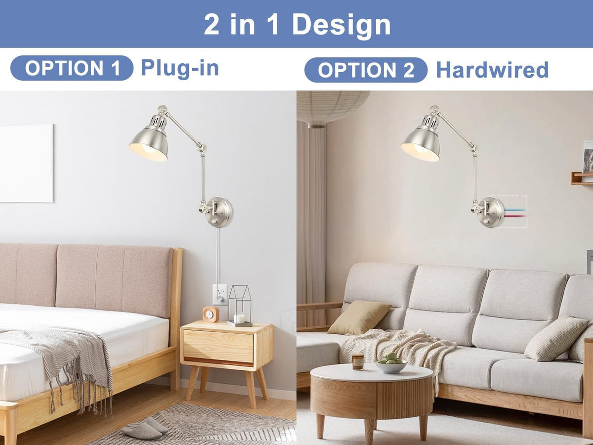 GOODATE 1 Pack Plug in Wall Sconce with Remote, Dimmable, Adjustable Colors, Swing Arm Wall Lamp, Plug in Wall Light