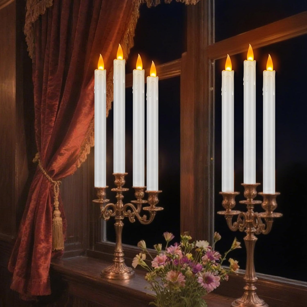 wemarry 12 Pcs Flickering Flameless Taper Candles, 10" Fake Taper Candles Battery Operated with Timer, Long
