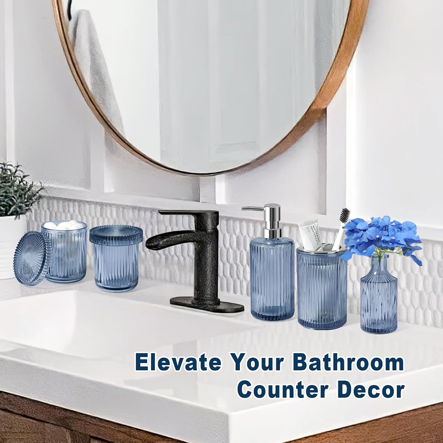 Blue Bathroom Accessories 5 Pcs, Glass Bathroom Accessory Set, Vintage Blue Bathroom Set, Royal Soap Dispenser and