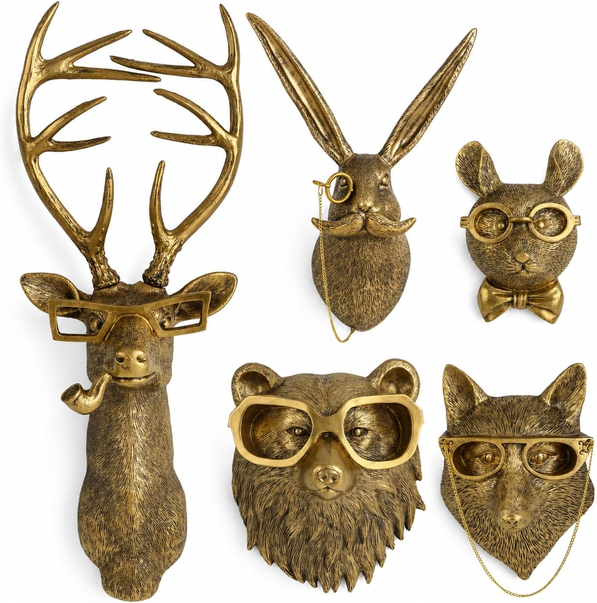 UITWMKTG Gold Animal Head Wall Decor Set of 5 - Deer, Rabbit, Mouse, Bear, Fox Wall Sculptures, Modern Wall Art for