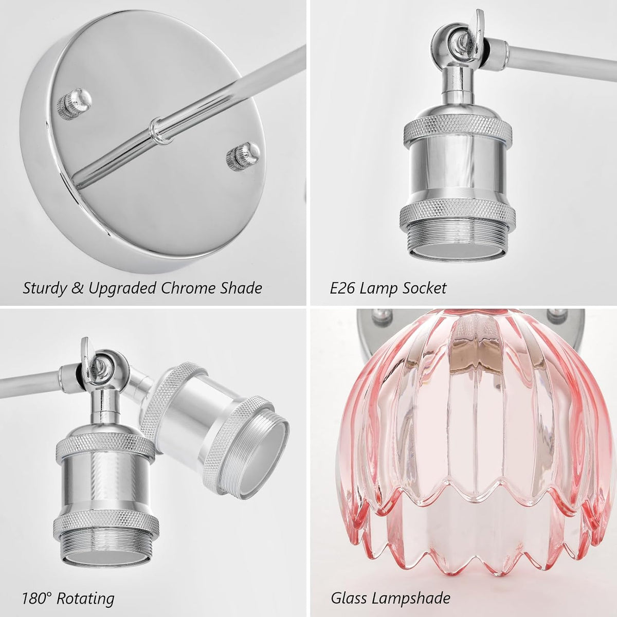 Vintage Battery Operated Wall Sconce, Pink Tulip Glass Lampshade Wireless Rechargeable Battery Powered LED Wall Light