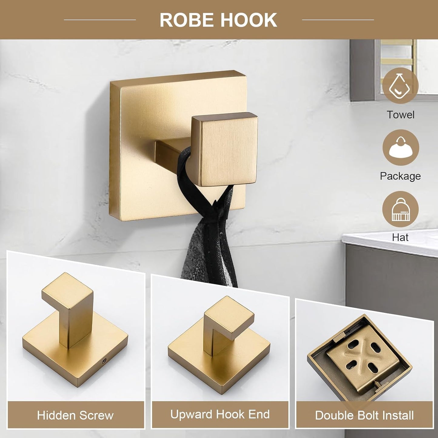TQKAG 6-Piece Bathroom Towel Bar Sets Brushed Gold 23.6 inch Towel Bar Stainless Steel Towel Ring Coat Hook and Toilet