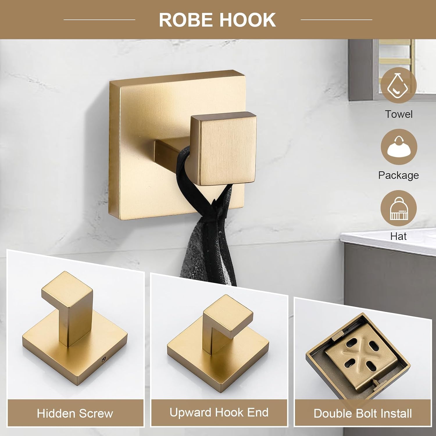 TQKAG 6-Piece Bathroom Towel Bar Sets Brushed Gold 23.6 inch Towel Bar Stainless Steel Towel Ring Coat Hook and Toilet