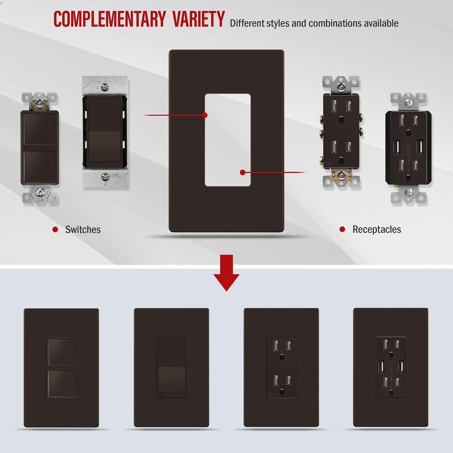 ENERLITES 1-Gang Brown Screwless Decorator Wall Plate Outlet Cover, 10 Pack | Size 4.68" x 2.93", Fits light