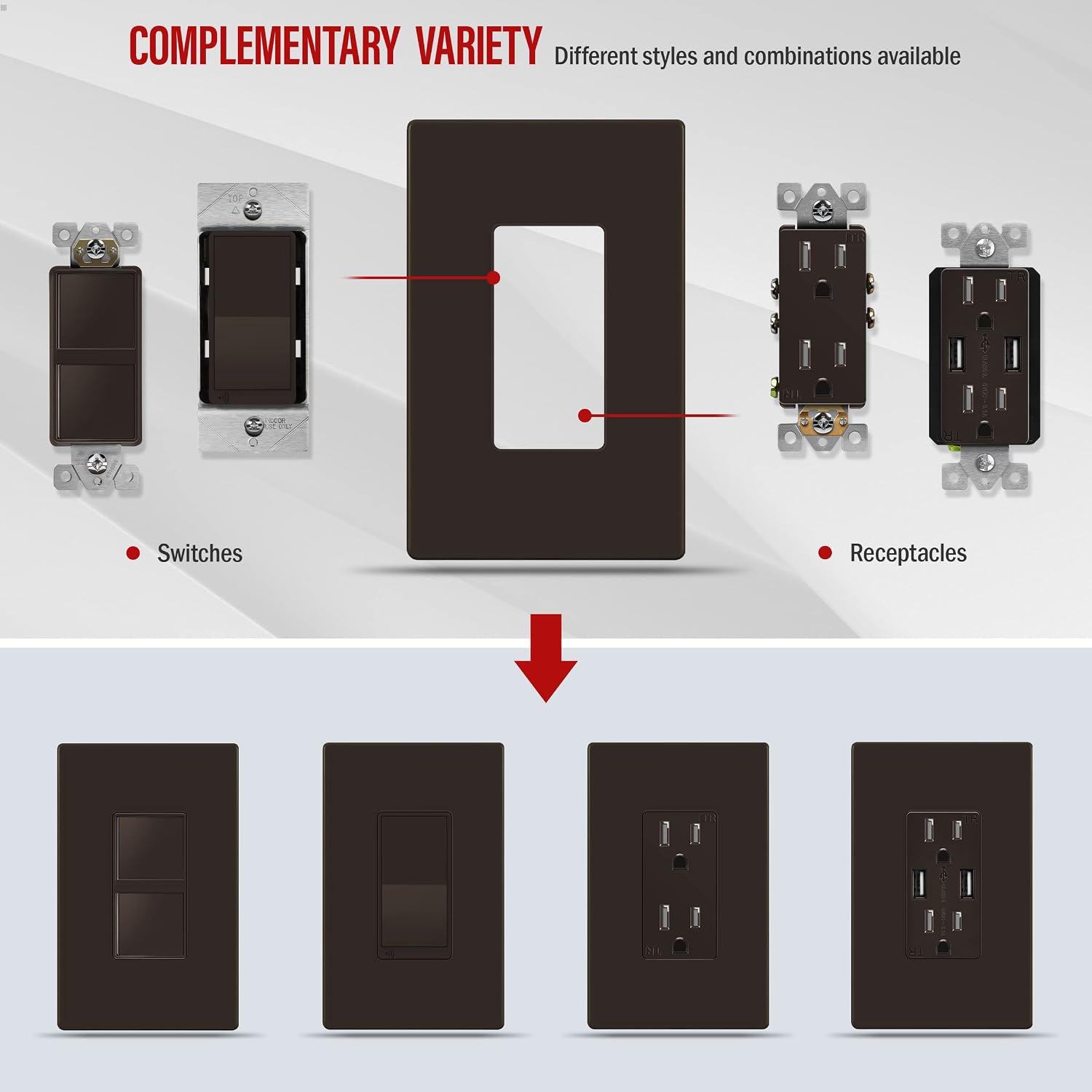 ENERLITES 1-Gang Brown Screwless Decorator Wall Plate Outlet Cover, 10 Pack | Size 4.68" x 2.93", Fits light
