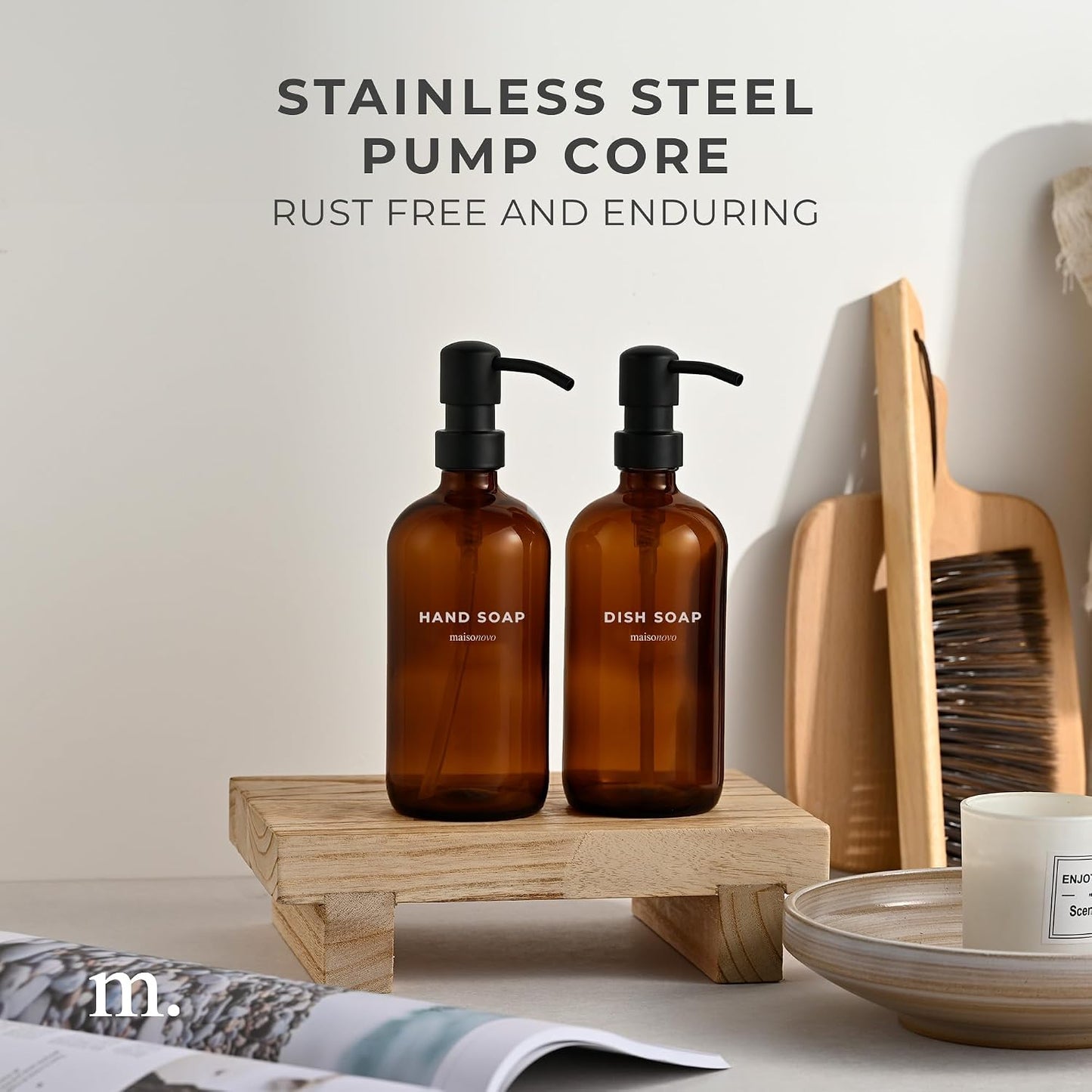 MaisoNovo Soap Dispenser 2-Piece Set | 16.9oz Amber Bottles with Black Plastic Pumps