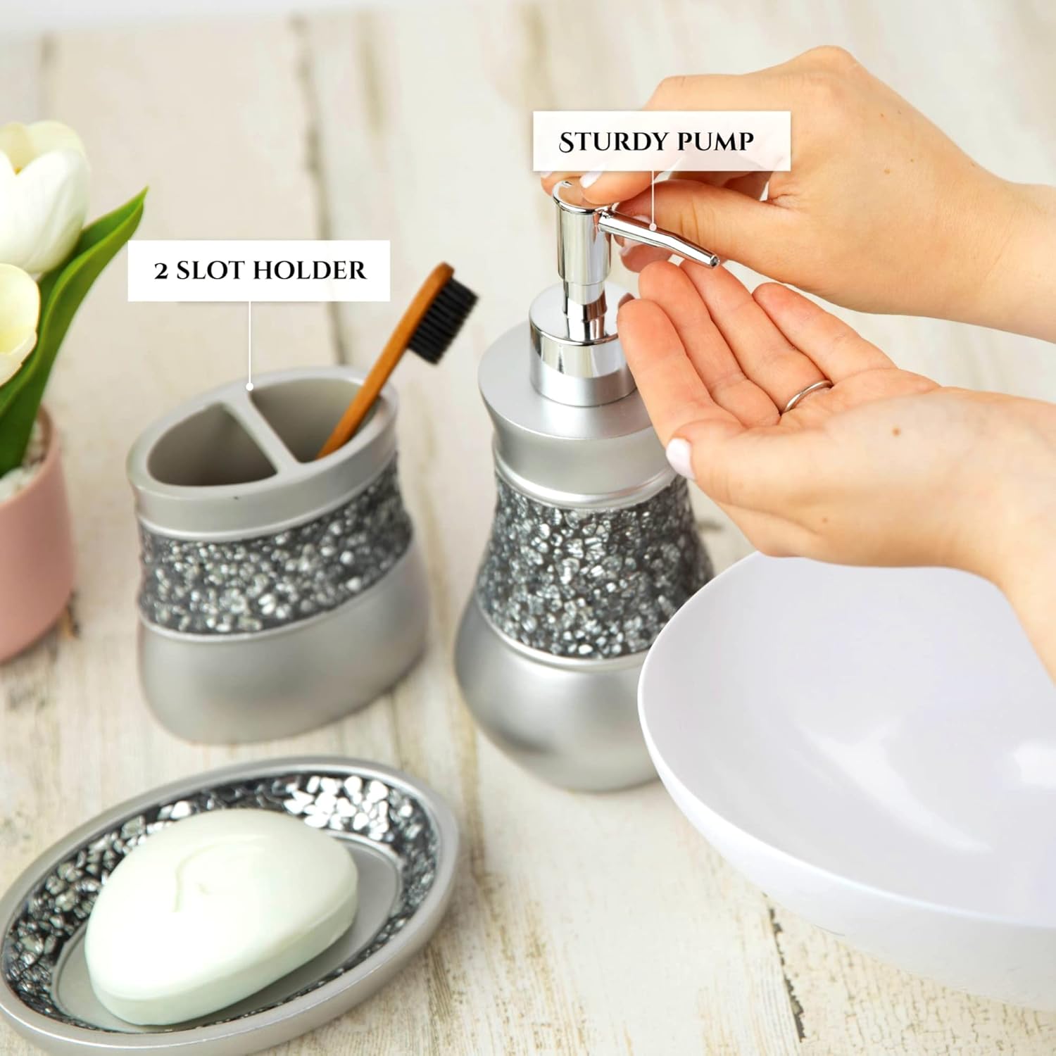 Creative Scents Crackled Glass 6 Pc. Silver Resin Bathroom Accessories Set | Includes Toilet Brush and Holder, Tissue