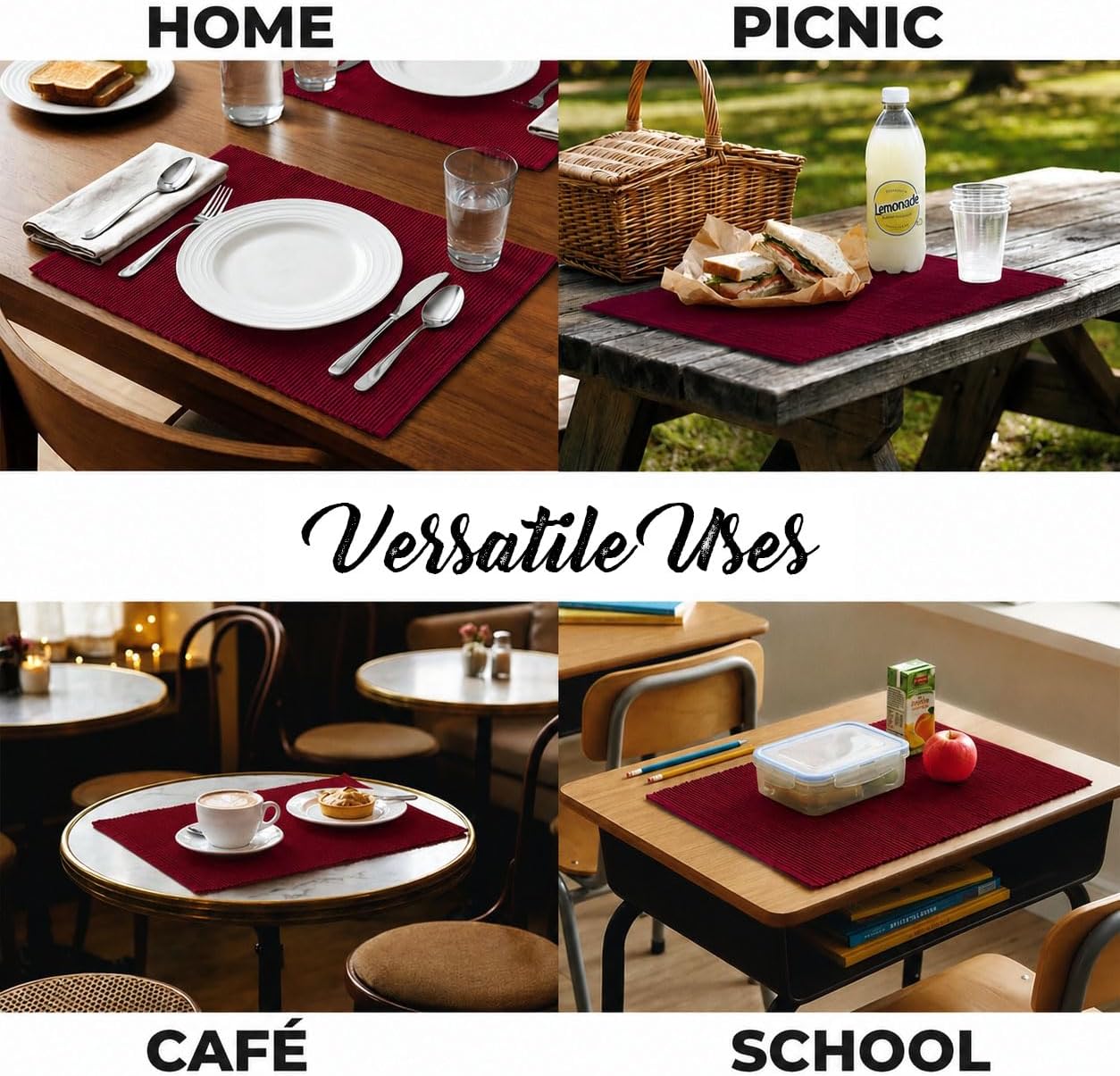 100% Cotton Ribbed Placemats - Set of 4-13 x 19 Inches - Maroon/Burgundy/Dark Red - Everyday/Fall Cloth Table Mats