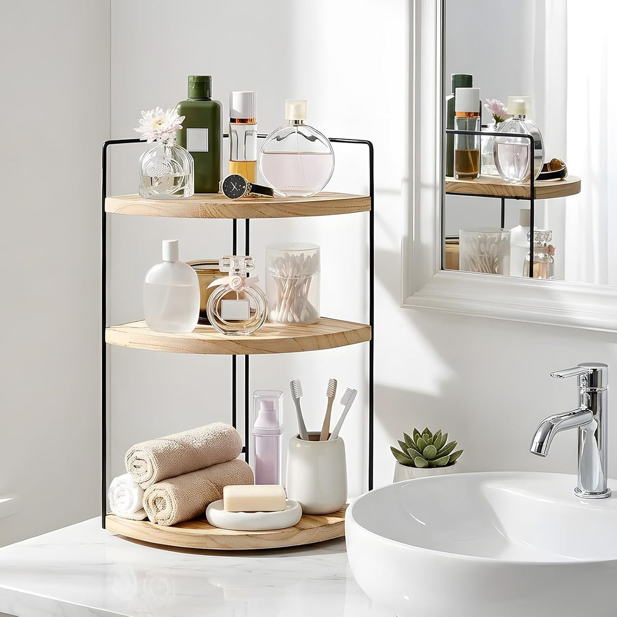 Corner Bathroom Counter Organizer Countertop Brown, 2 Pack 3 Tier Corner Shelf Wood Vanity Tray Easy Assembly Space