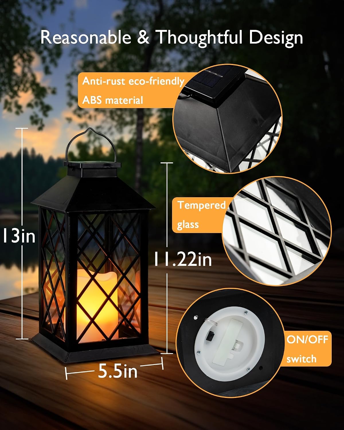 Homemory 2 Pack 13'' Black Solar Lanterns, Flickering Flame Hanging Lights | Realistic Flickering Flame Creates Cozy