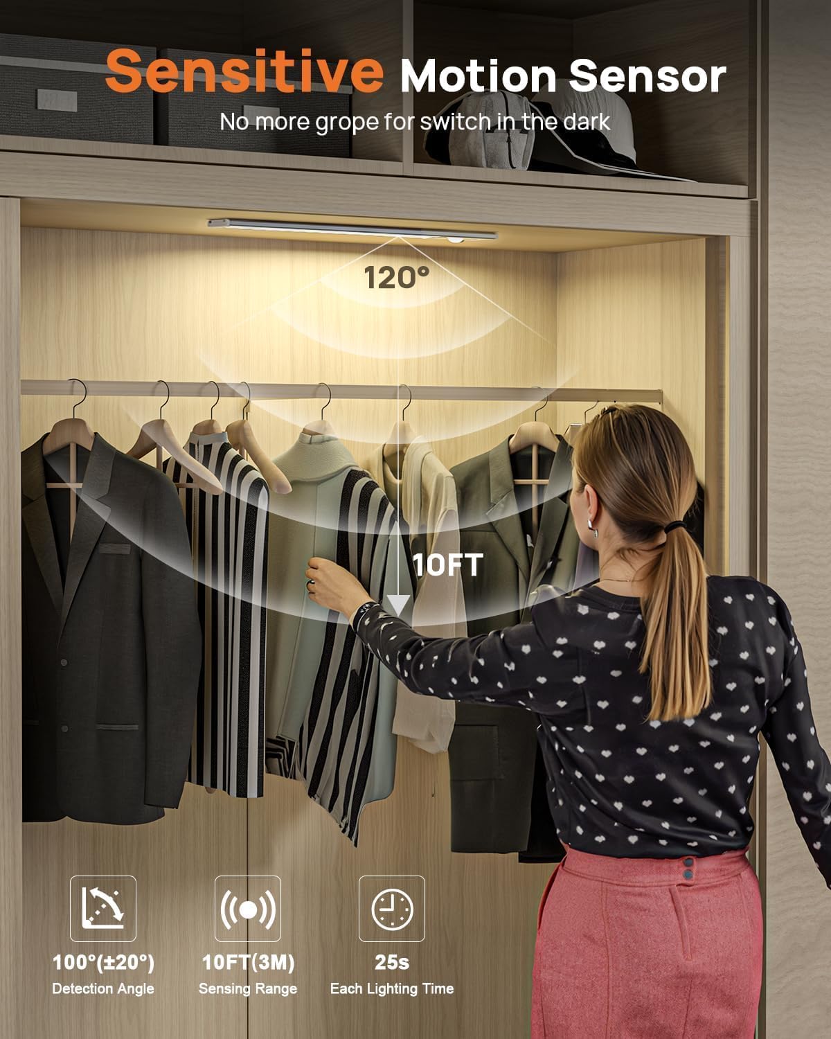 16inch Under Cabinet Lights, LED Motion Sensor Light Indoor, 4000mAh Rechargeable Closet Light with Remote, 3 Color