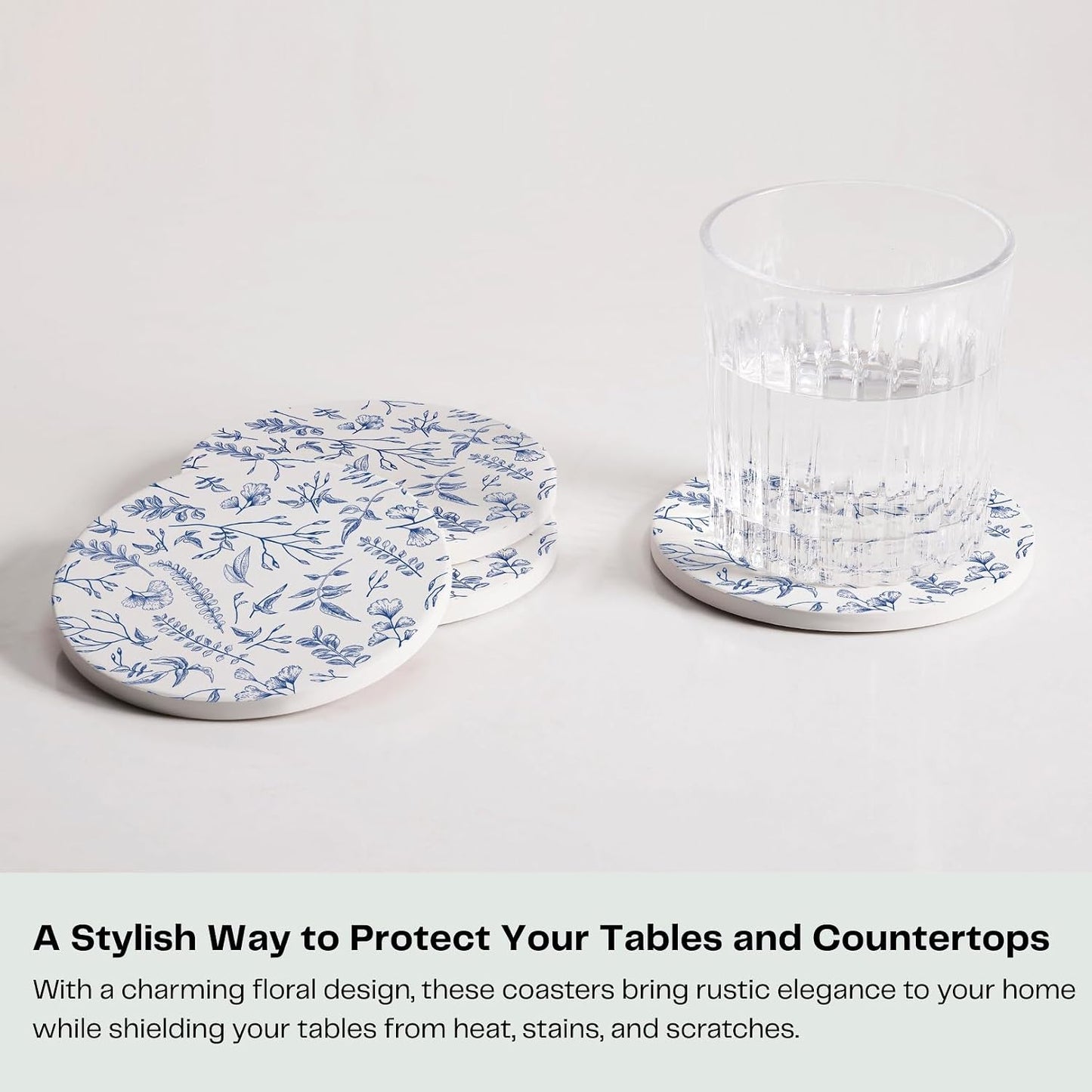 Holder / Absorbent Ceramic Drink Coasters / Blue and White / Set of 6