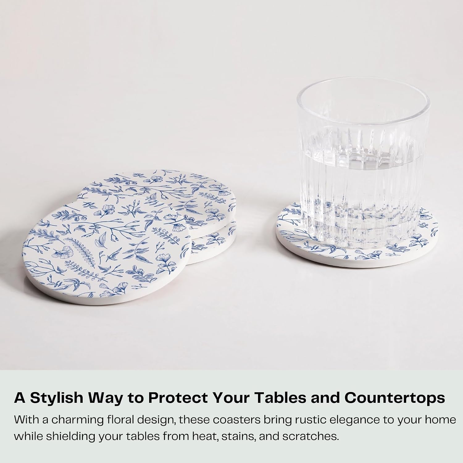 Holder / Absorbent Ceramic Drink Coasters / Blue and White / Set of 6