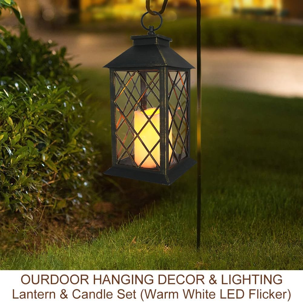 13.5" Outdoor Candle Lantern Decorative with LED Pillar Candle Battery Powered (Distressed Gold, 6hr Timer) - IP44