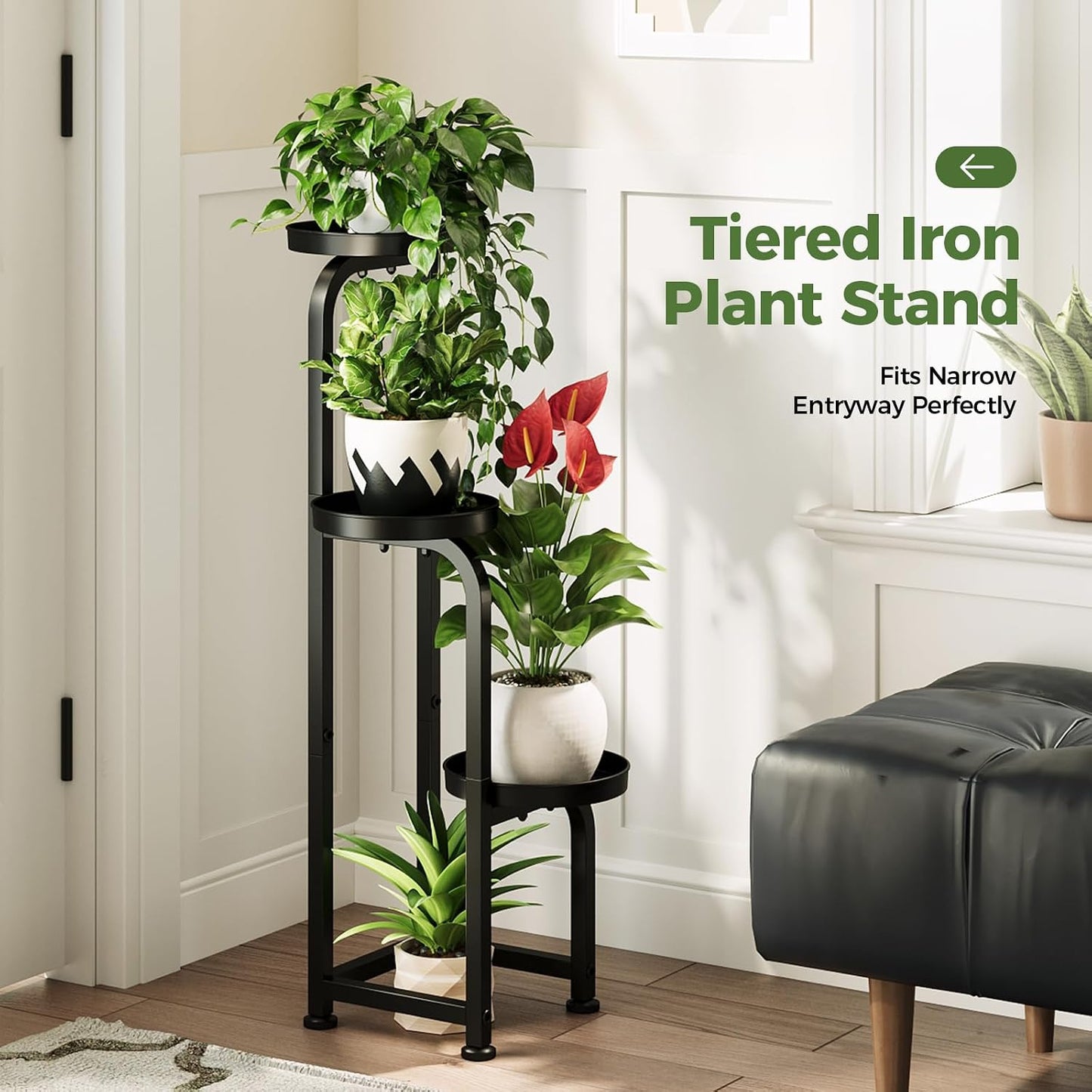 Bamworld Tall Plant Stand Indoor Outdoor Corner Metal Flower Pot Stands | 3 Tier Black Heavy Duty Plant Shelf for Patio