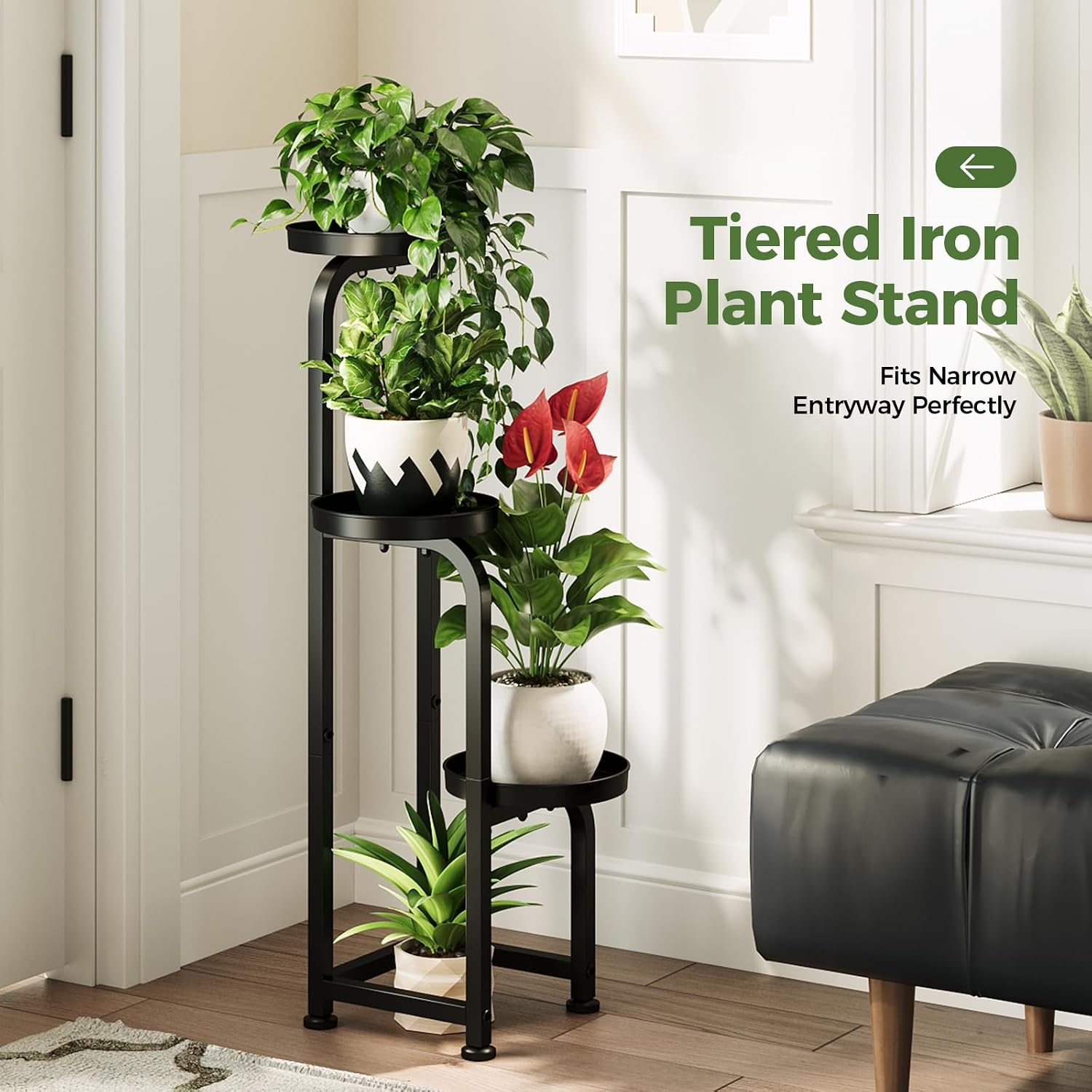 Bamworld Tall Plant Stand Indoor Outdoor Corner Metal Flower Pot Stands | 3 Tier Black Heavy Duty Plant Shelf for Patio