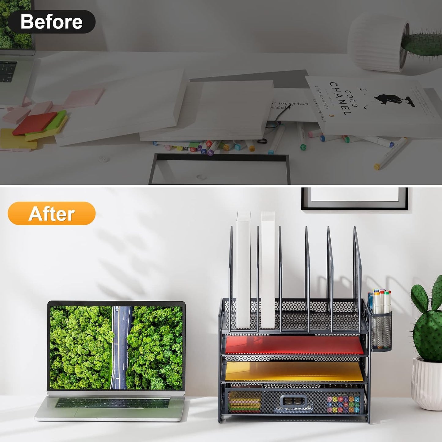 Marbrasse Desk Organizers, 4-Tier Mesh Desk File Organizer with 5 Vertical File Holders and 2 Pen Holders